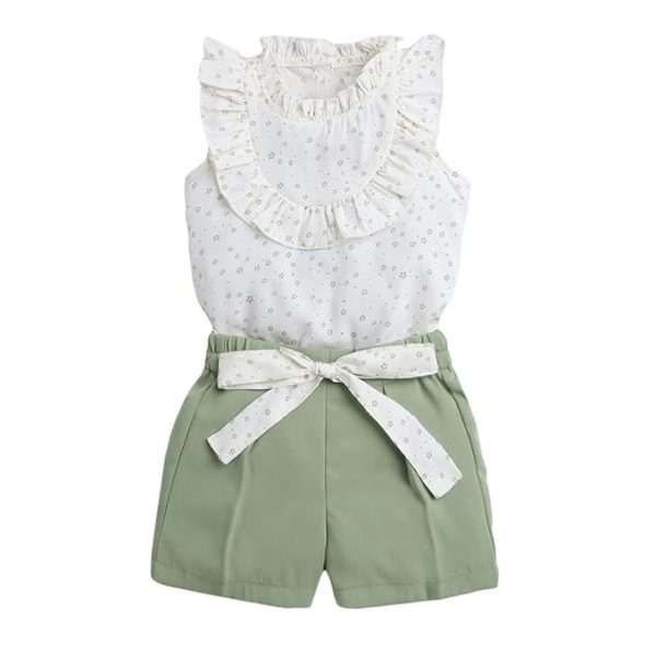 Girls Polyester Wing Sleeves Printed Top and Shorts Set Green