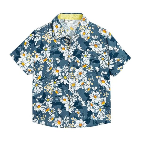 Boys Blue Short Sleeves Floral Shirt